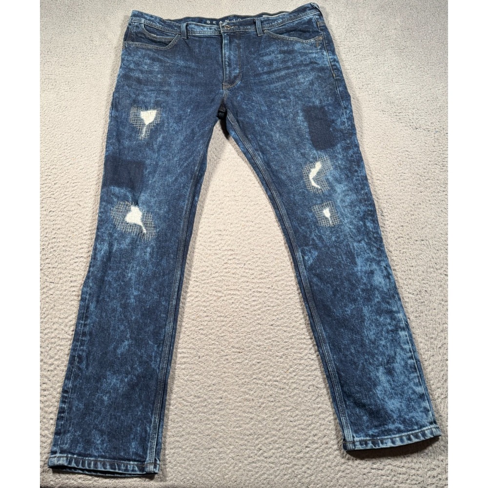 Sean‎ John Jeans Mens 38x30 Mercer Slim Straight Stretch Blue Patched Faded